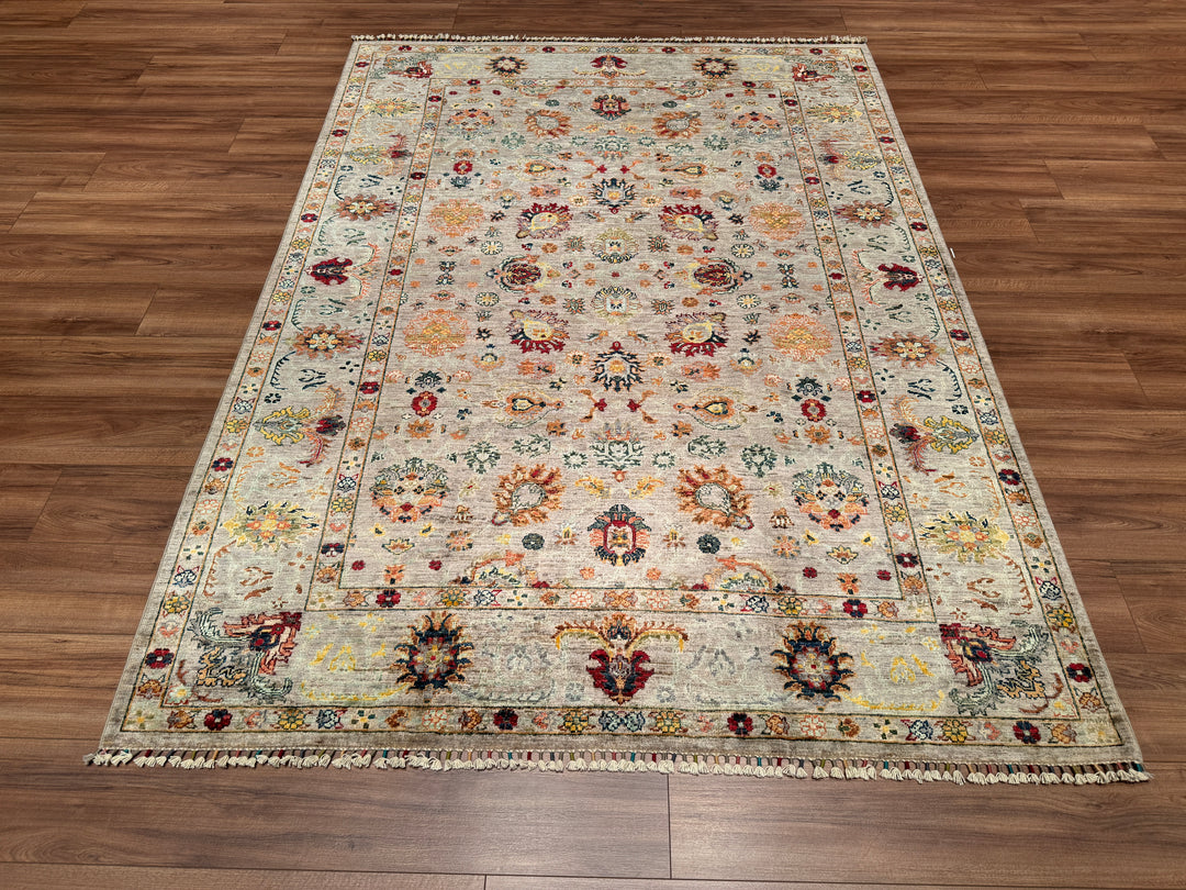 Sultani Çiçekli Orjinal El Dokuması Gri Kök Boya Yün Halı 175x241 4.22 Metrekare - 5x8 ft