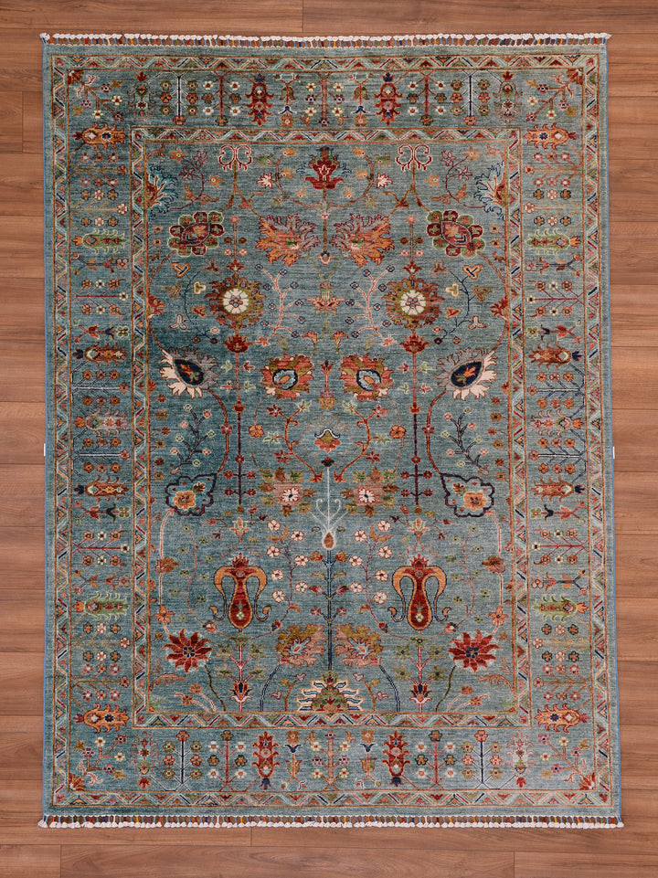 سجادة صوفية أصلية منسوجة يدويًا من مجموعة Sultani Floral باللون الفيروزي المصبوغ بالجذور 175 × 236 4.13 متر مربع - 5 × 8 قدم 