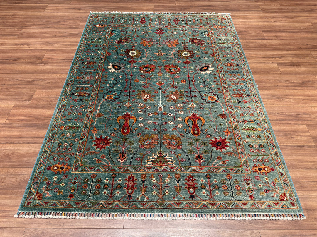 Sultani Floral Original Hand Woven Turquoise Vegetable Dyed Wool Carpet 175x236 4.13 Square Meters - 5x8 ft