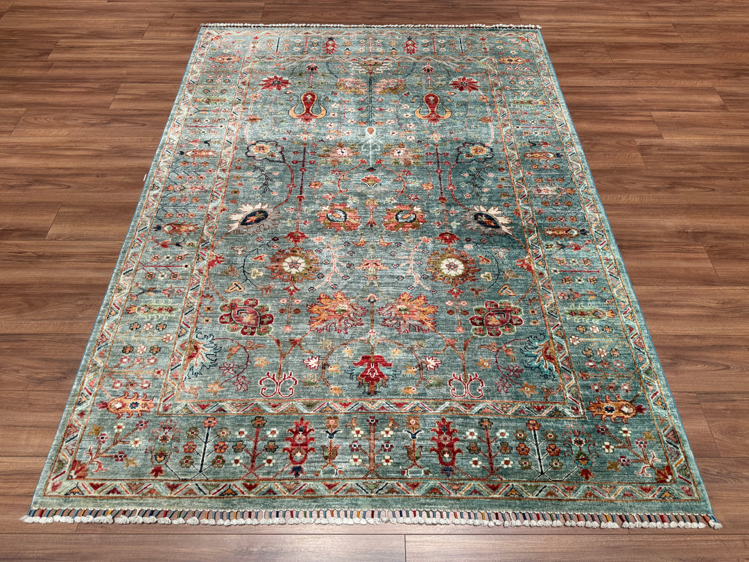 Sultani Floral Original Hand Woven Turquoise Vegetable Dyed Wool Carpet 175x236 4.13 Square Meters - 5x8 ft