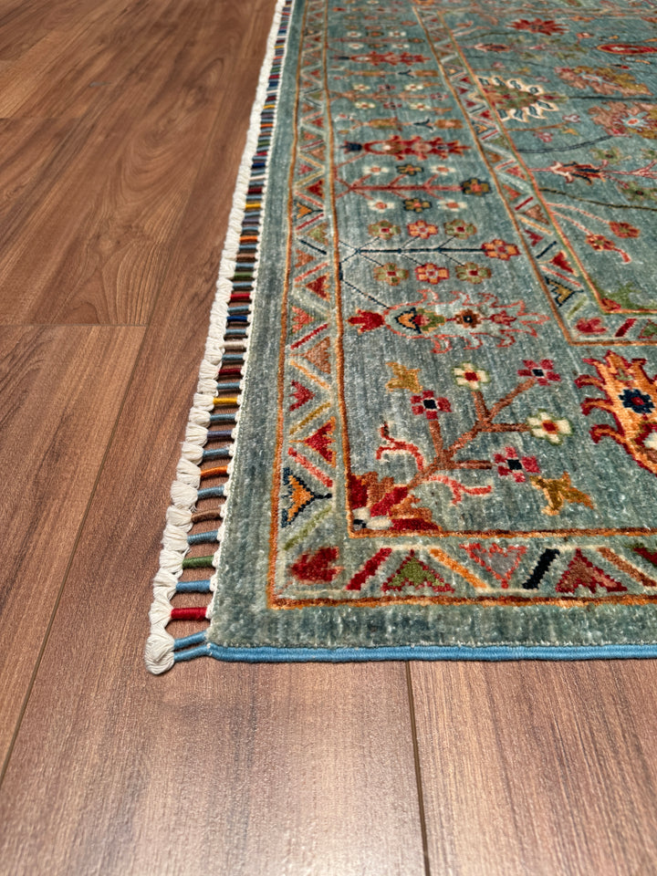 Sultani Floral Original Hand Woven Turquoise Vegetable Dyed Wool Carpet 175x236 4.13 Square Meters - 5x8 ft