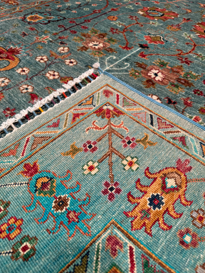 Sultani Floral Original Hand Woven Turquoise Vegetable Dyed Wool Carpet 175x236 4.13 Square Meters - 5x8 ft