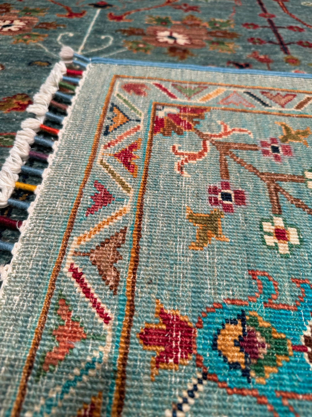 Sultani Floral Original Hand Woven Turquoise Vegetable Dyed Wool Carpet 175x236 4.13 Square Meters - 5x8 ft