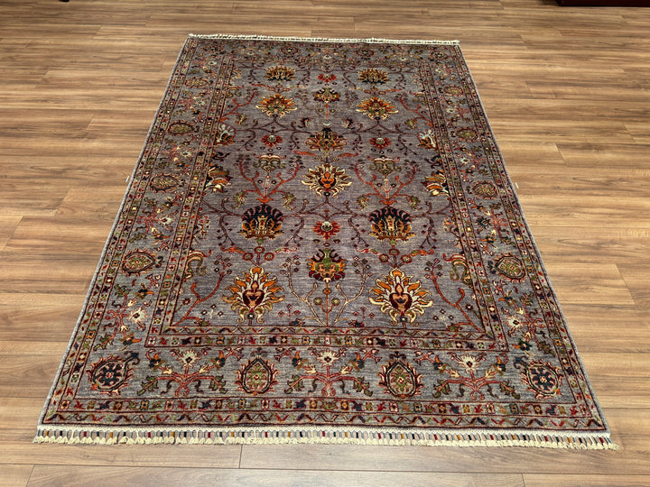 Sultani Çiçekli Orjinal El Dokuması Gri Kök Boya Yün Halı 173x240 4.15 Metrekare - 5x8 ft