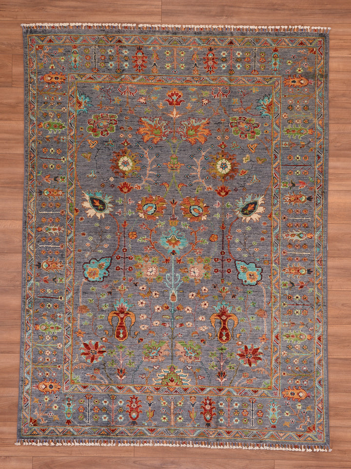 Sultani Çiçekli Orjinal El Dokuması Gri Kök Boya Yün Halı 176x237 4.17 Metrekare - 5x8 ft