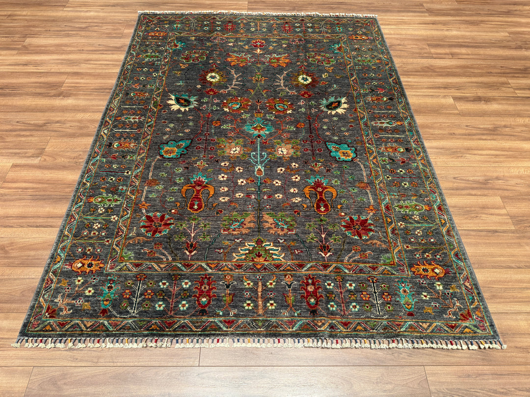 Sultani Çiçekli Orjinal El Dokuması Gri Kök Boya Yün Halı 176x237 4.17 Metrekare - 5x8 ft