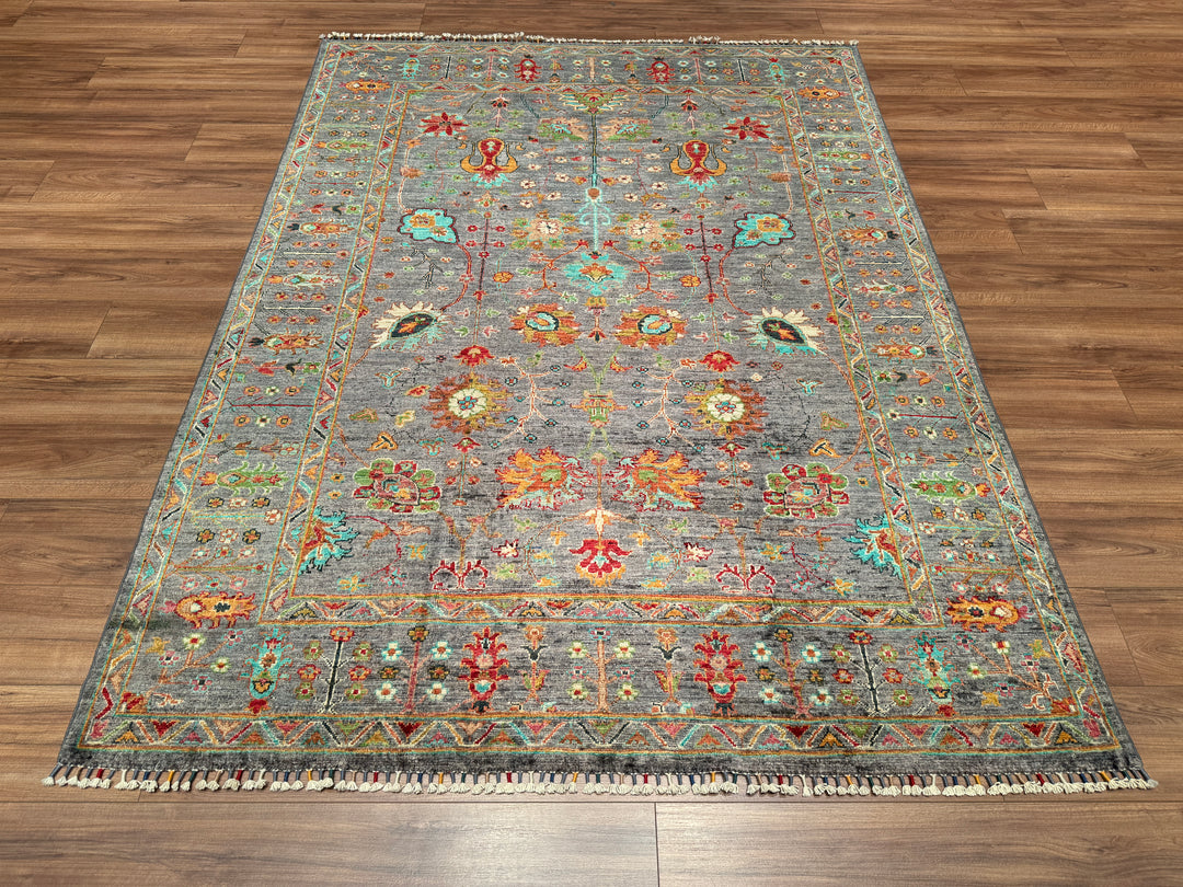 Sultani Floral Original Hand Woven Gray Vegetable Dyed Wool Carpet 176x237 4.17 Square Meters - 5x8 ft