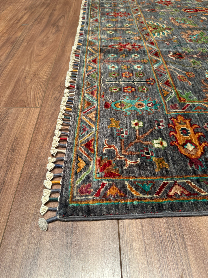 Sultani Floral Original Hand Woven Gray Vegetable Dyed Wool Carpet 176x237 4.17 Square Meters - 5x8 ft