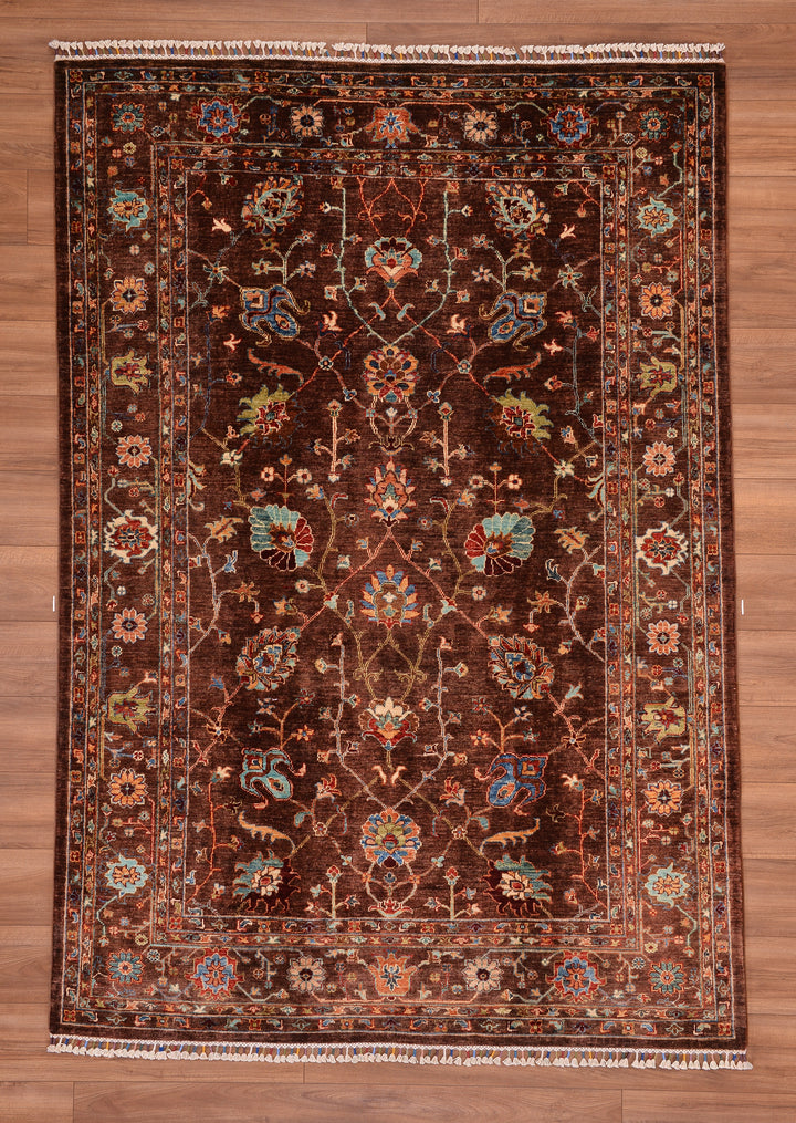 Sultani Çiçekli Orjinal El Dokuması Kahverengi Kök Boya Yün Halı 173x249 4.31 Metrekare - 5x8 ft