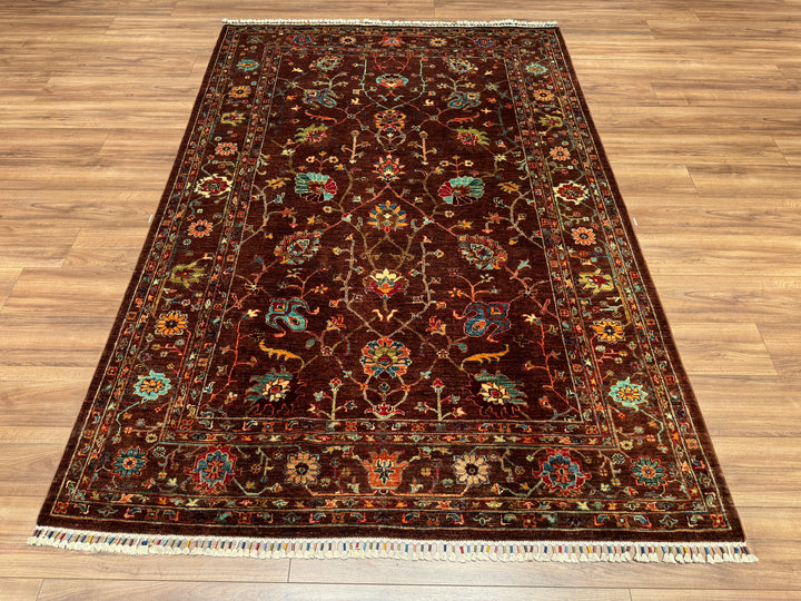 Sultani Çiçekli Orjinal El Dokuması Kahverengi Kök Boya Yün Halı 173x249 4.31 Metrekare - 5x8 ft