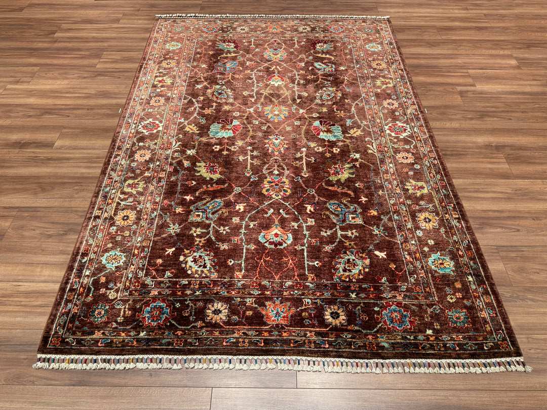 Sultani Çiçekli Orjinal El Dokuması Kahverengi Kök Boya Yün Halı 173x249 4.31 Metrekare - 5x8 ft