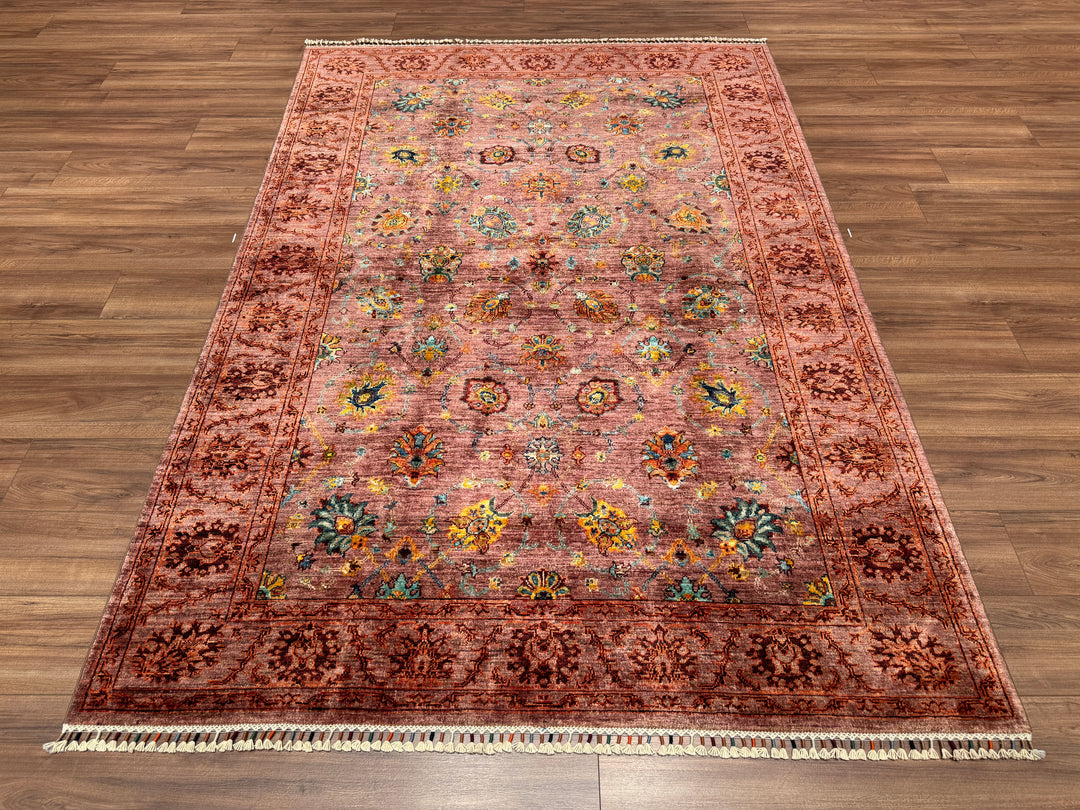 Sultani Çiçekli Orjinal El Dokuması Pembe Kök Boya Yün Halı 171x247 4.22 Metrekare - 5x8 ft