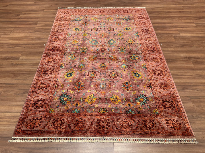 Sultani Çiçekli Orjinal El Dokuması Pembe Kök Boya Yün Halı 171x247 4.22 Metrekare - 5x8 ft