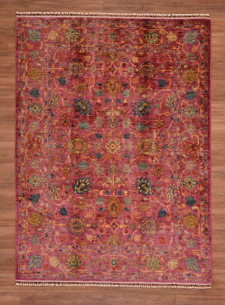 Sultani Floral Original Hand Woven Pink Vegetable Dyed Wool Carpet 177x237 4.19 Square Meters - 5x8 ft