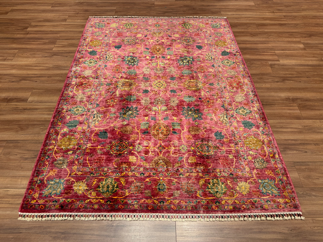 Sultani Çiçekli Orjinal El Dokuması Pembe Kök Boya Yün Halı 177x237 4.19 Metrekare - 5x8 ft