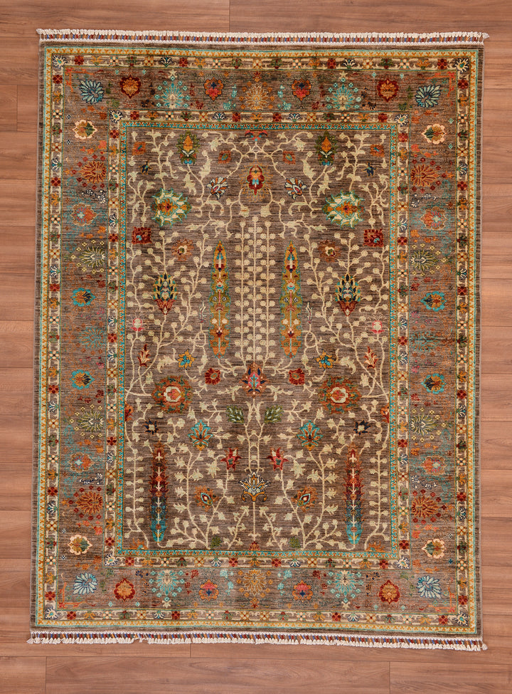 Sultani Floral Original Hand Woven Beige Vegetable Dyed Wool Carpet 183x238 4.36 Square Meters - 5x8 ft