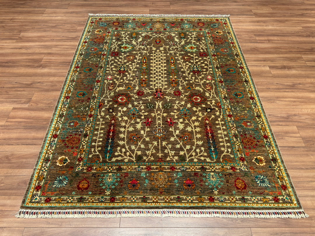 Sultani Çiçekli Orjinal El Dokuması Bej Kök Boya Yün Halı 183x238 4.36 Metrekare - 5x8 ft