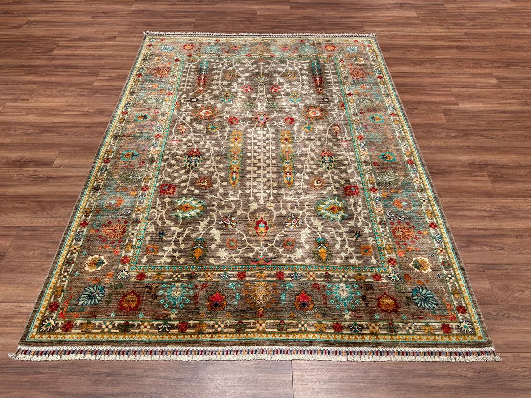 Sultani Çiçekli Orjinal El Dokuması Bej Kök Boya Yün Halı 183x238 4.36 Metrekare - 5x8 ft