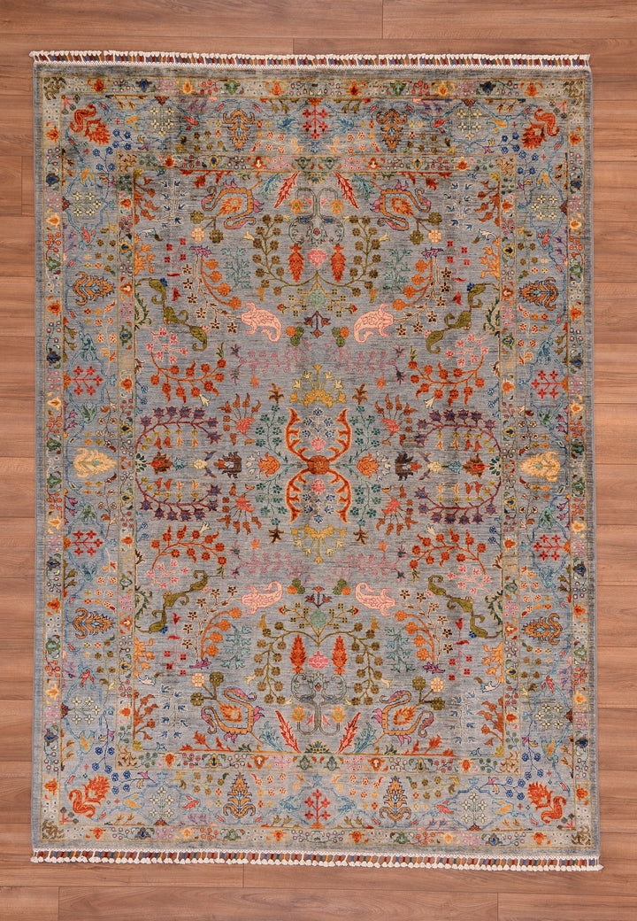 Sultani Floral Original Hand Woven Turquoise Vegetable Dyed Wool Carpet 179x249 4.46 Square Meters - 5x8 ft