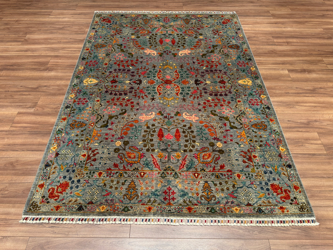 Sultani Çiçekli Orjinal El Dokuması Turkuaz Kök Boya Yün Halı 179x249 4.46 Metrekare - 5x8 ft