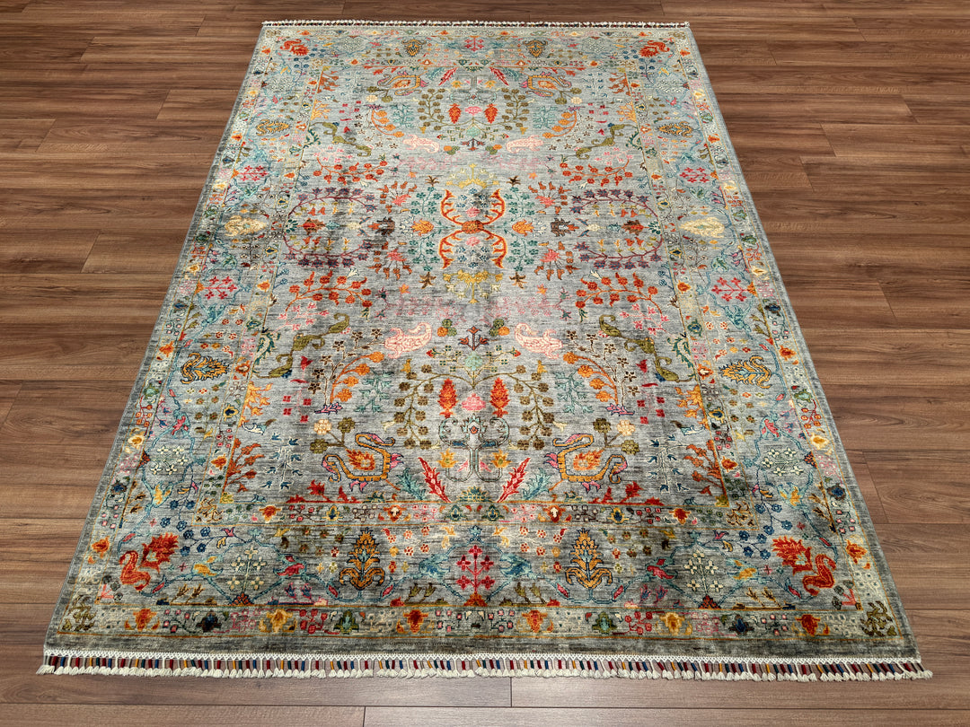 Sultani Çiçekli Orjinal El Dokuması Turkuaz Kök Boya Yün Halı 179x249 4.46 Metrekare - 5x8 ft