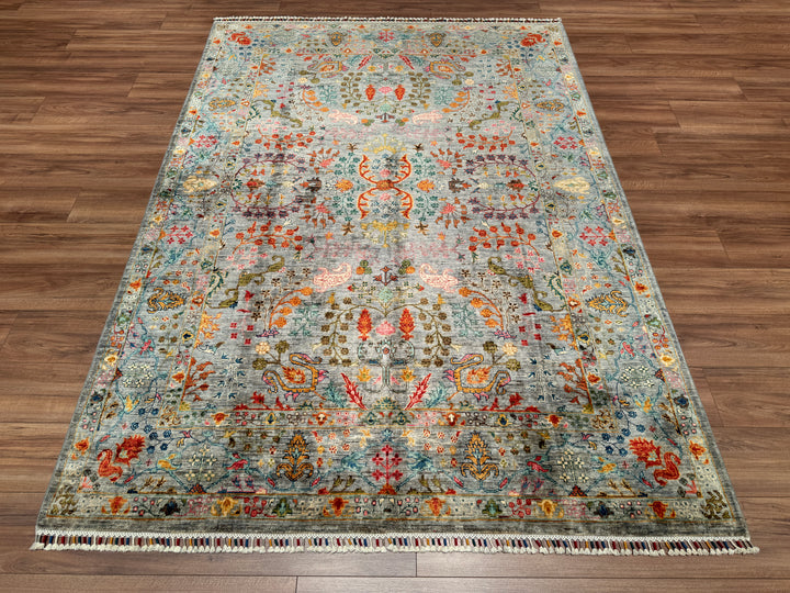 Sultani Floral Original Hand Woven Turquoise Vegetable Dyed Wool Carpet 179x249 4.46 Square Meters - 5x8 ft