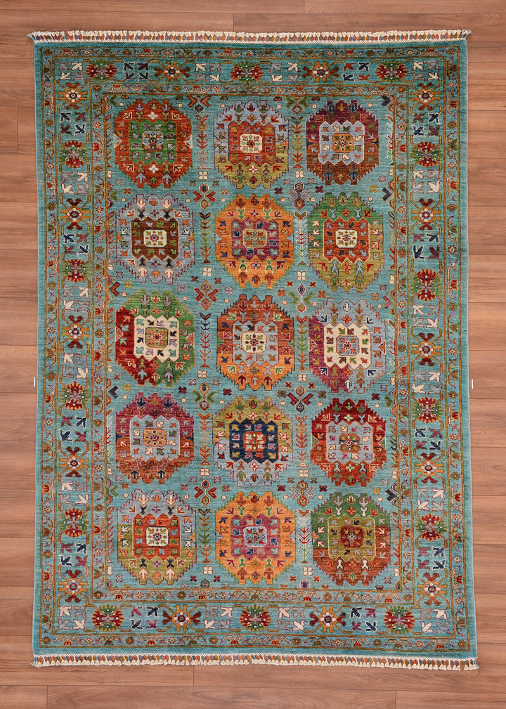 Veziri Original Hand Woven Turquoise Vegetable Dyed Wool Carpet 172x245 4.21 Square Meters - 6x8 ft