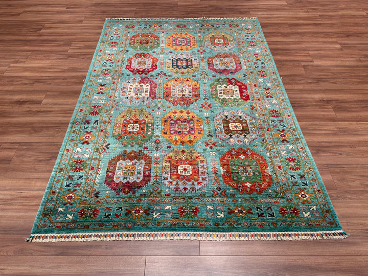 Veziri Original Hand Woven Turquoise Vegetable Dyed Wool Carpet 172x245 4.21 Square Meters - 6x8 ft