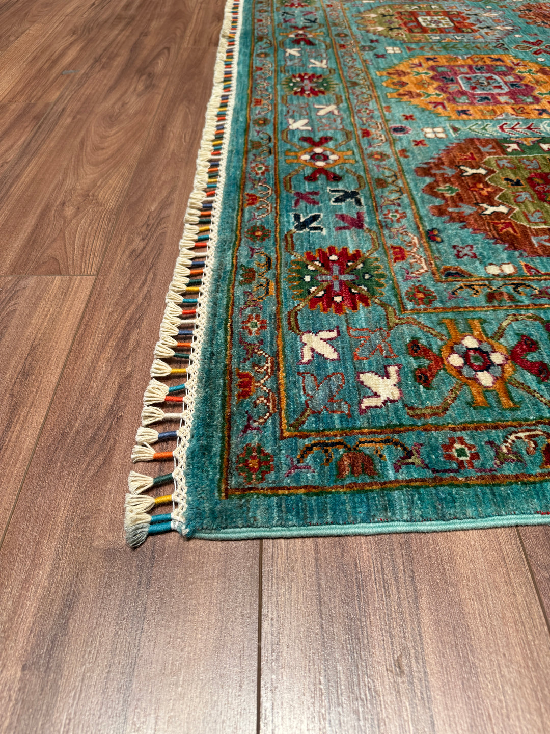 Veziri Original Hand Woven Turquoise Vegetable Dyed Wool Carpet 172x245 4.21 Square Meters - 6x8 ft