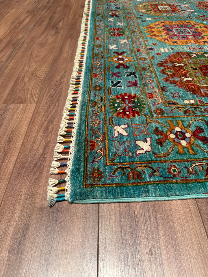 Veziri Original Hand Woven Turquoise Vegetable Dyed Wool Carpet 172x245 4.21 Square Meters - 6x8 ft