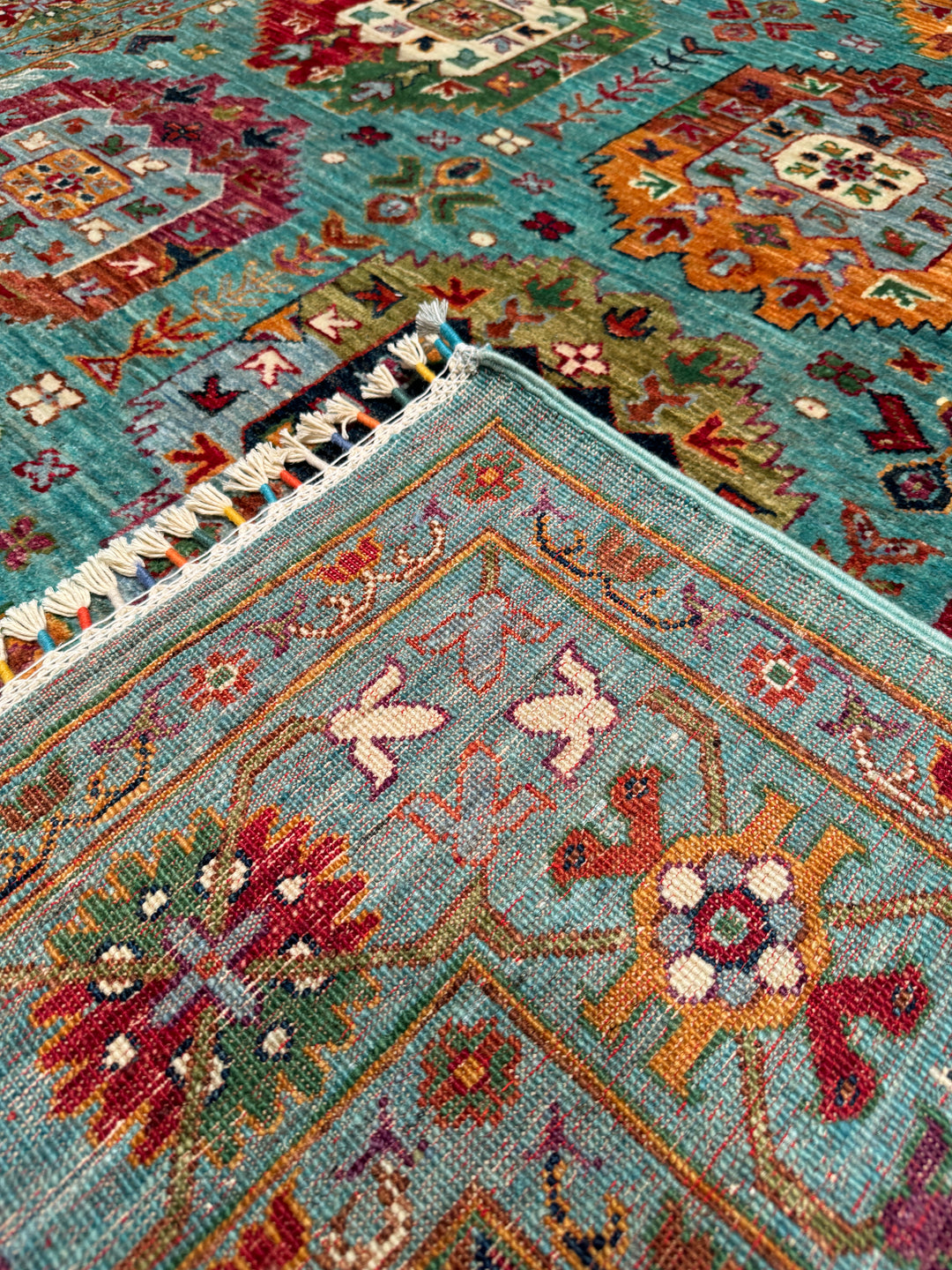 Veziri Original Hand Woven Turquoise Vegetable Dyed Wool Carpet 172x245 4.21 Square Meters - 6x8 ft