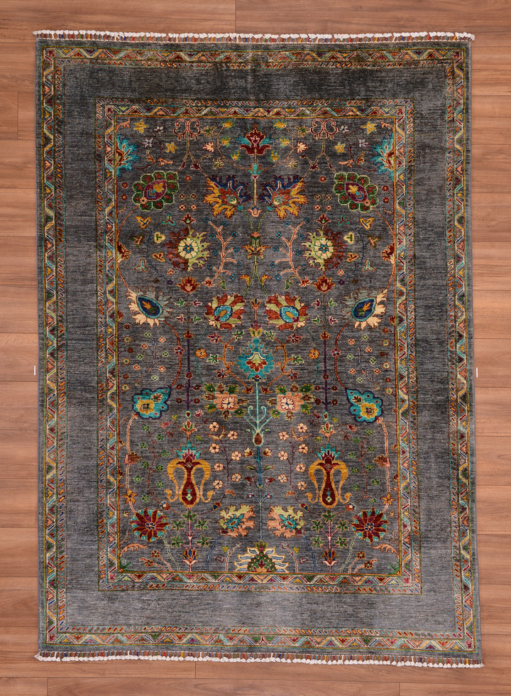 Sultani Çiçekli Orjinal El Dokuması Gri Kök Boya Yün Halı 173x241 4.17 Metrekare - 5x8 ft