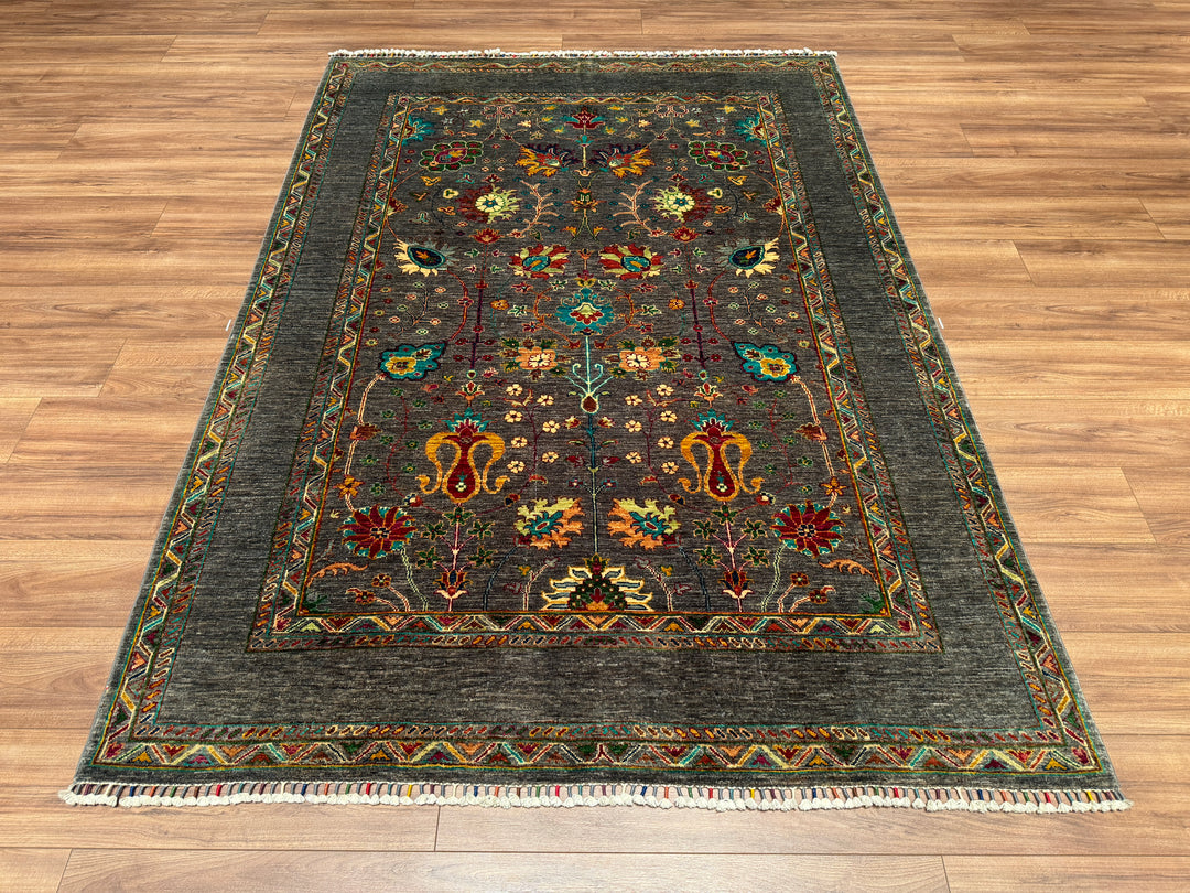 Sultani Çiçekli Orjinal El Dokuması Gri Kök Boya Yün Halı 173x241 4.17 Metrekare - 5x8 ft