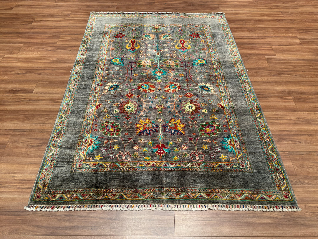 Sultani Floral Original Hand Woven Gray Vegetable Dyed Wool Carpet 173x241 4.17 Square Meters - 5x8 ft