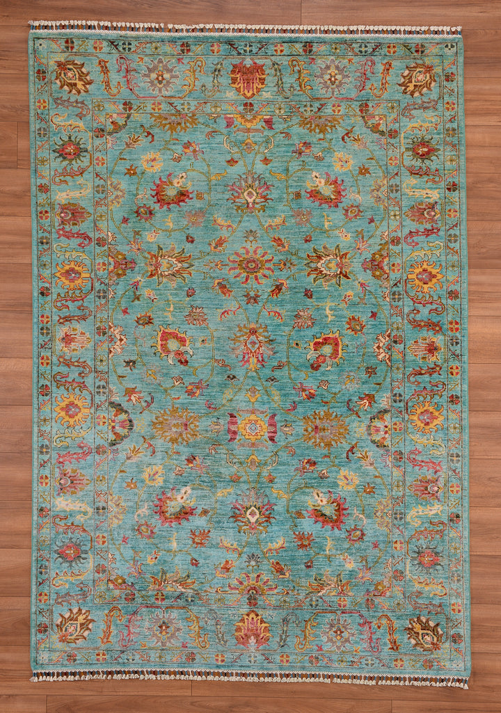 Sultani Floral Original Hand Woven Turquoise Vegetable Dyed Wool Carpet 177x256 4.53 Square Meters - 5x8 ft