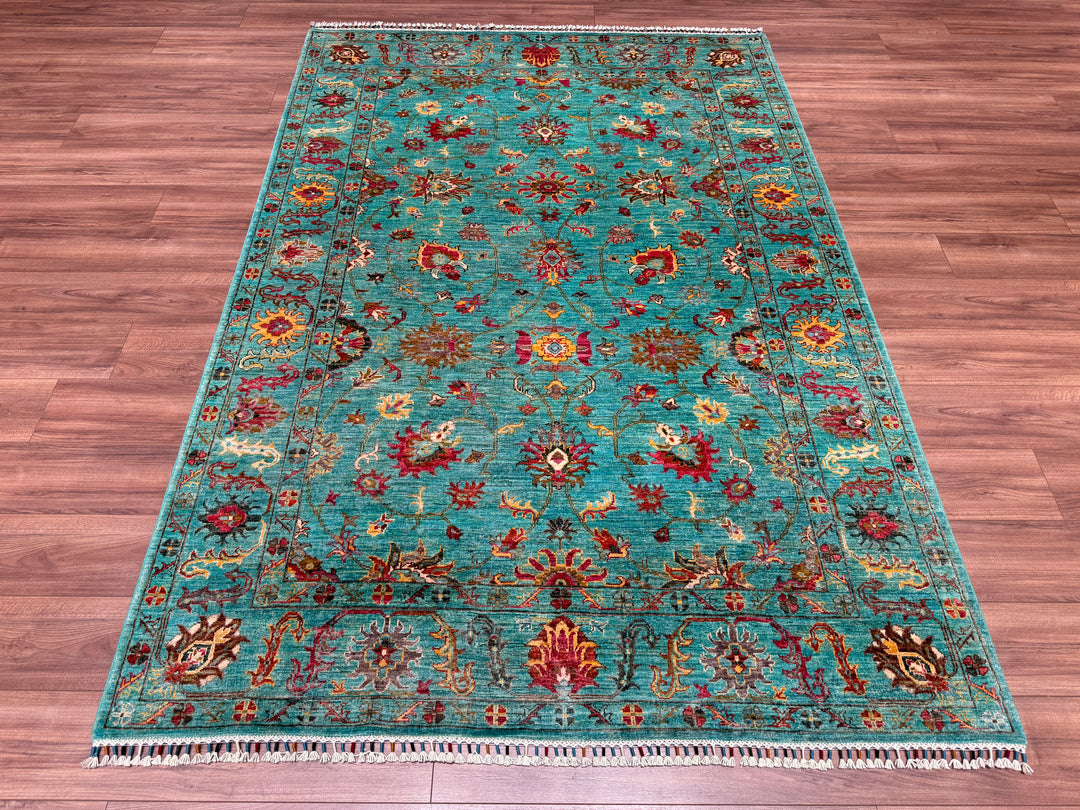 Sultani Floral Original Hand Woven Turquoise Vegetable Dyed Wool Carpet 177x256 4.53 Square Meters - 5x8 ft