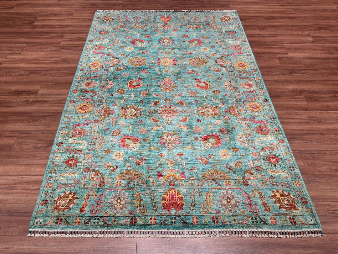 Sultani Floral Original Hand Woven Turquoise Vegetable Dyed Wool Carpet 177x256 4.53 Square Meters - 5x8 ft