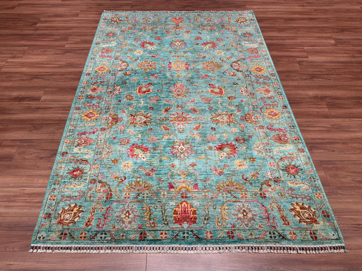 Sultani Floral Original Hand Woven Turquoise Vegetable Dyed Wool Carpet 177x256 4.53 Square Meters - 5x8 ft