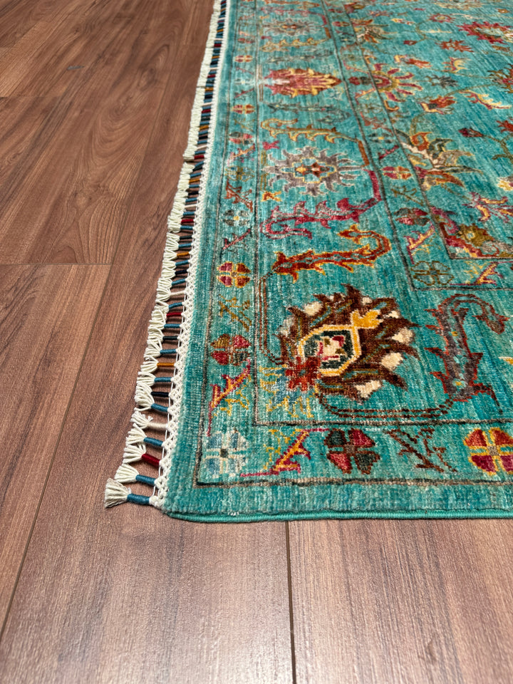 Sultani Floral Original Hand Woven Turquoise Vegetable Dyed Wool Carpet 177x256 4.53 Square Meters - 5x8 ft