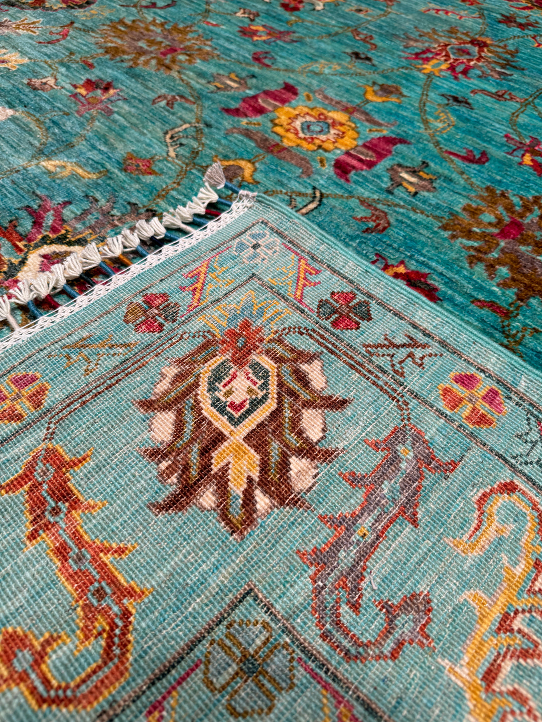 Sultani Floral Original Hand Woven Turquoise Vegetable Dyed Wool Carpet 177x256 4.53 Square Meters - 5x8 ft