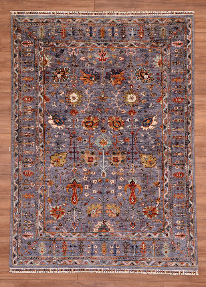 Sultani Çiçekli Orjinal El Dokuması Gri Kök Boya Yün Halı 172x236 4.06 Metrekare - 5x8 ft