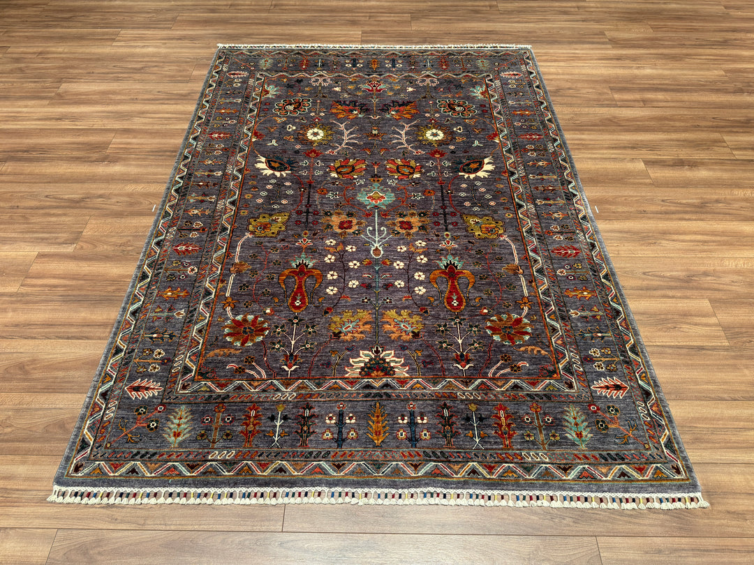 Sultani Çiçekli Orjinal El Dokuması Gri Kök Boya Yün Halı 172x236 4.06 Metrekare - 5x8 ft