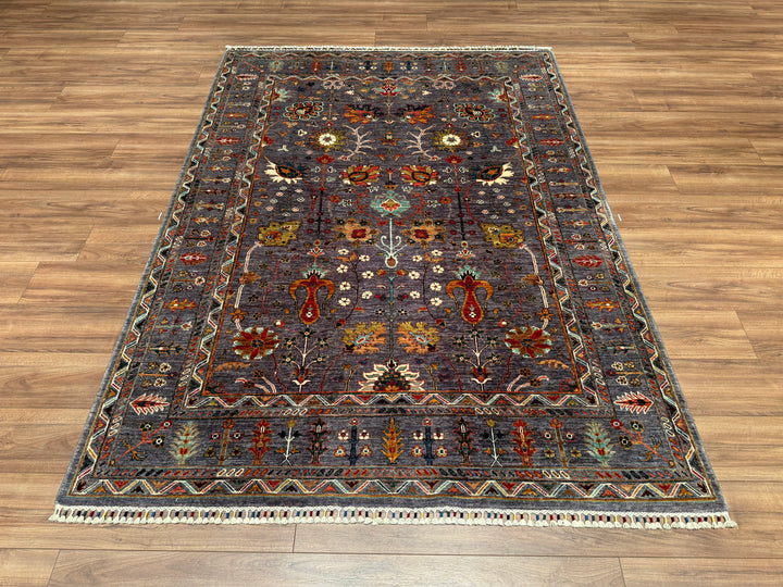 Sultani Çiçekli Orjinal El Dokuması Gri Kök Boya Yün Halı 172x236 4.06 Metrekare - 5x8 ft