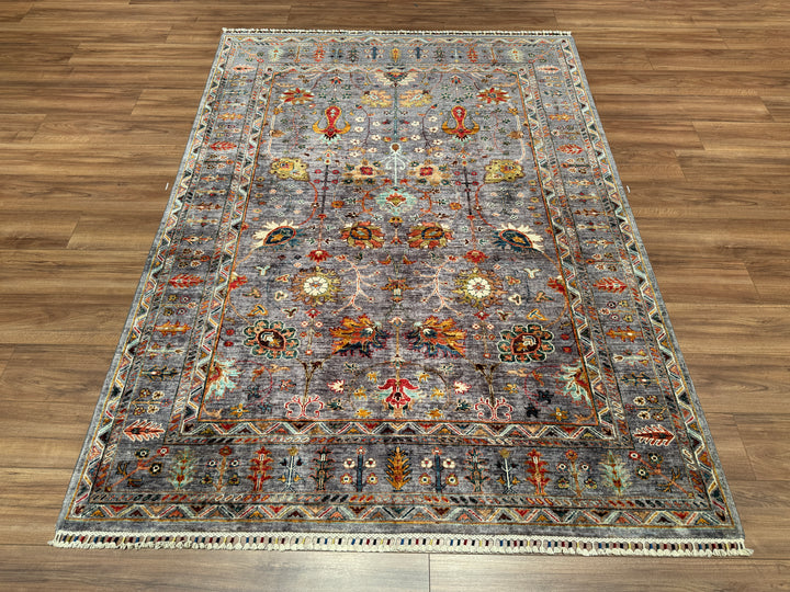 Sultani Çiçekli Orjinal El Dokuması Gri Kök Boya Yün Halı 172x236 4.06 Metrekare - 5x8 ft