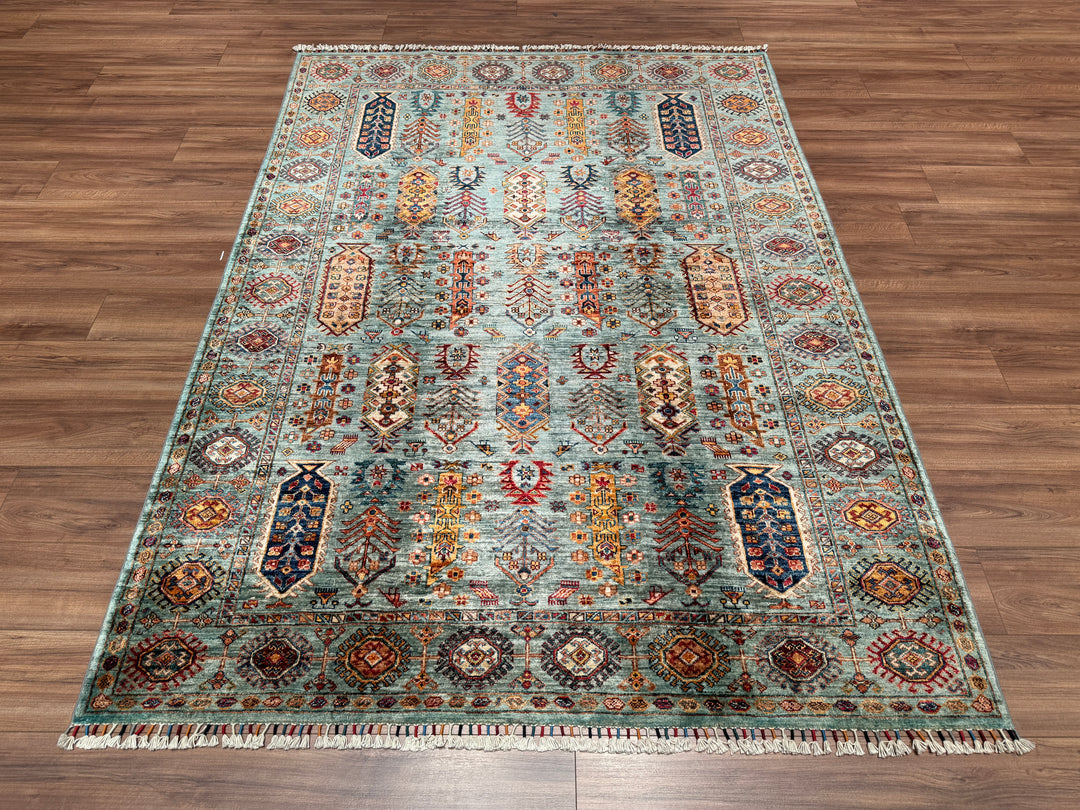 Veziri Original Hand Woven Turquoise Vegetable Dyed Wool Carpet 175x239 4.18 Square Meters - 6x8 ft