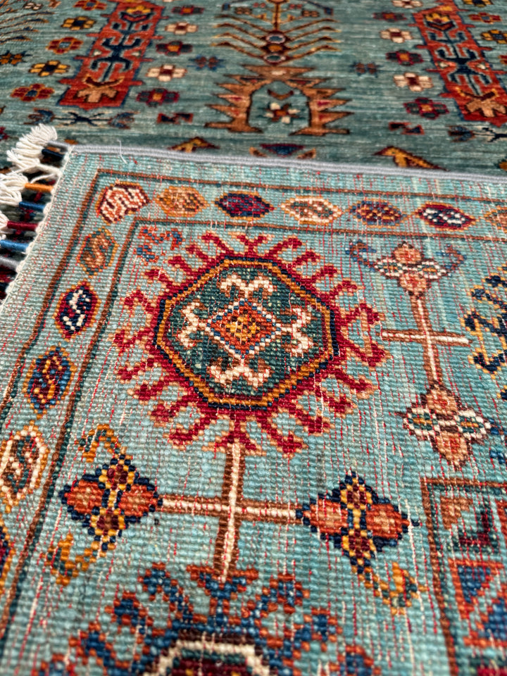 Veziri Original Hand Woven Turquoise Vegetable Dyed Wool Carpet 175x239 4.18 Square Meters - 6x8 ft