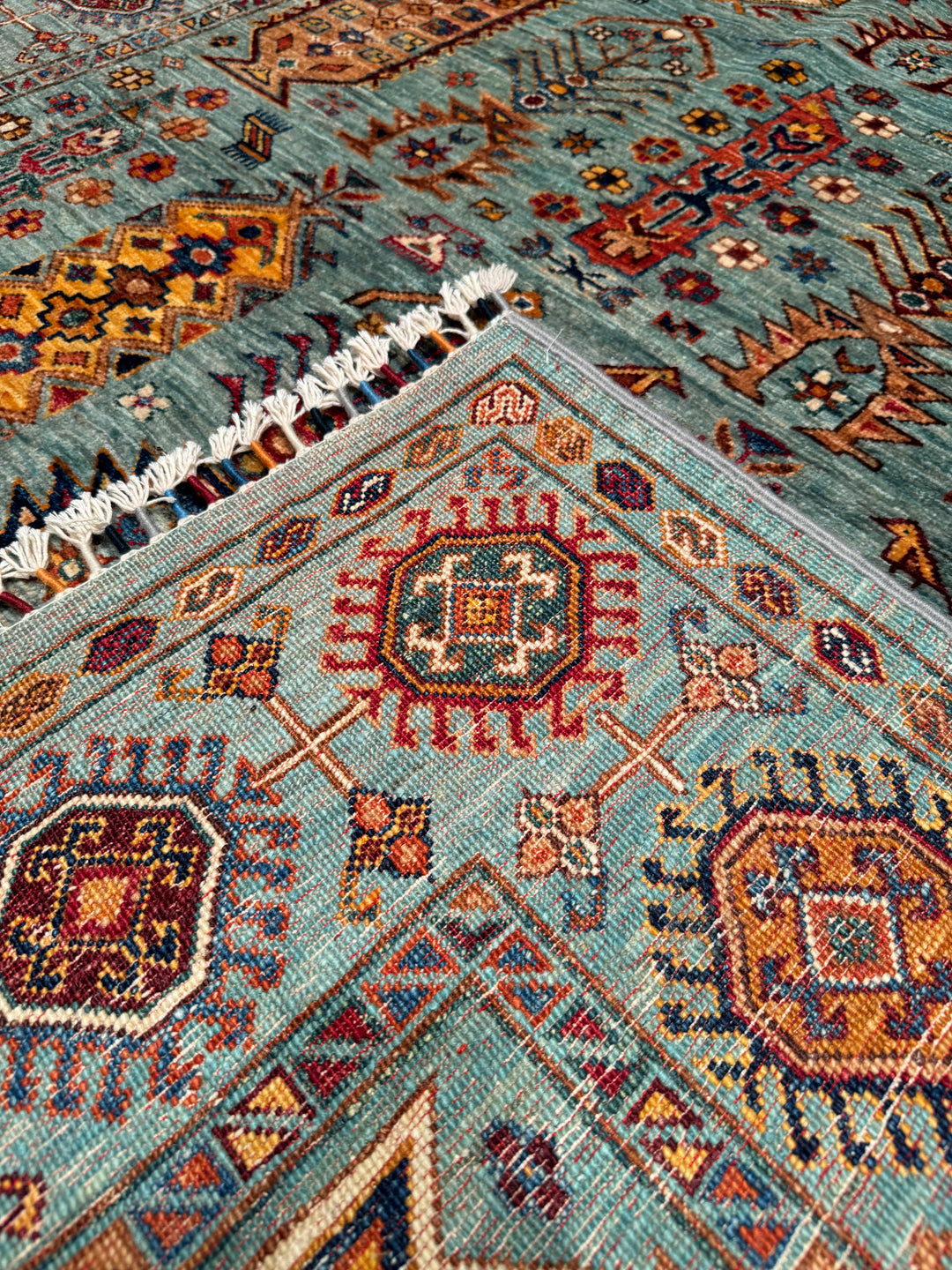 Veziri Original Hand Woven Turquoise Vegetable Dyed Wool Carpet 175x239 4.18 Square Meters - 6x8 ft