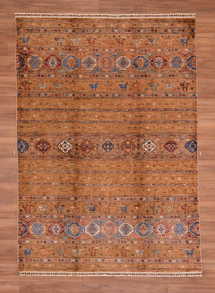 Khorjin Orjinal El Dokuması Kahverengi Kök Boya Yün Halı 171x238 4.07 Metrekare - 6x9 ft