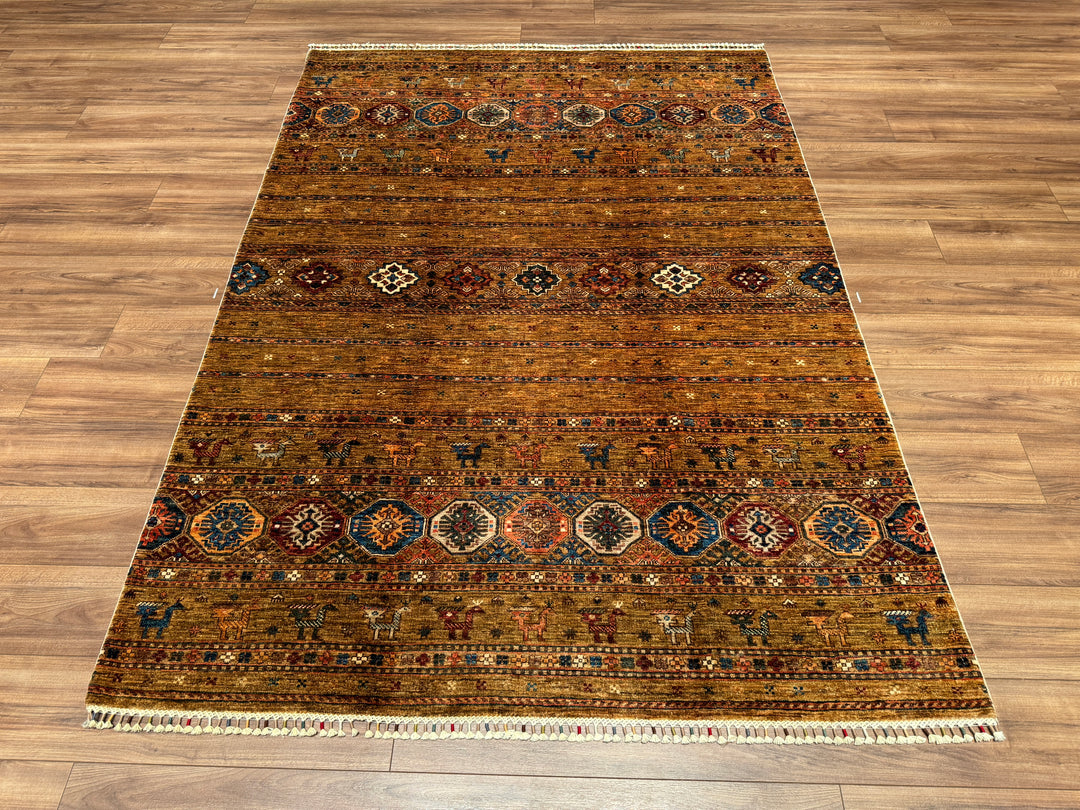 Khorjin Orjinal El Dokuması Kahverengi Kök Boya Yün Halı 171x238 4.07 Metrekare - 6x9 ft