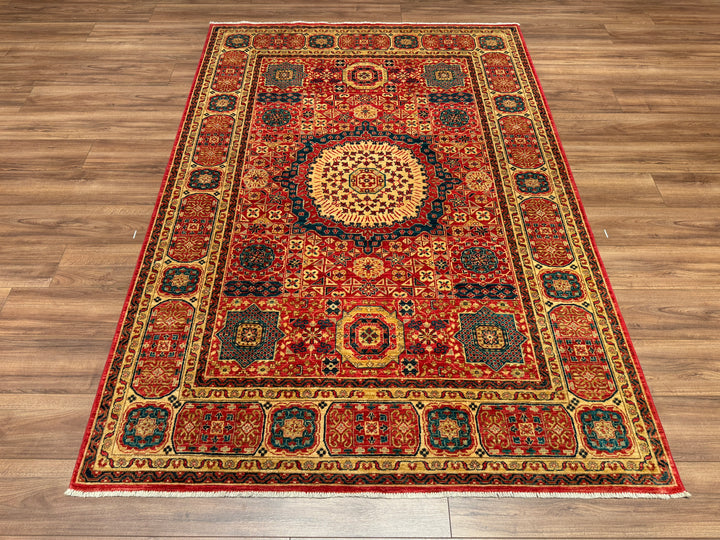 Mamluk Mughal Original Hand Woven Red Vegetable Dyed Wool Carpet 166x238 3.95 Square Meters - 5x7 ft